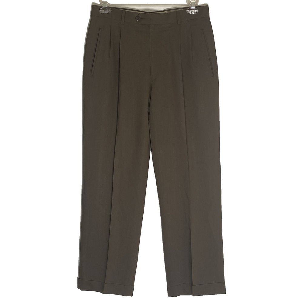 Zignone Dress Pants Mens 33x30 Brown 100% Wool Pleated Cuffed Made In Italy Nice